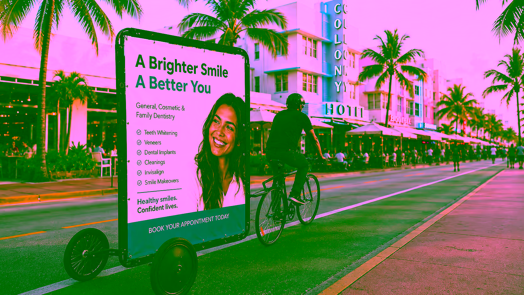 Bike billboard advertising a dental practice on Ocean Drive Miami Beach
