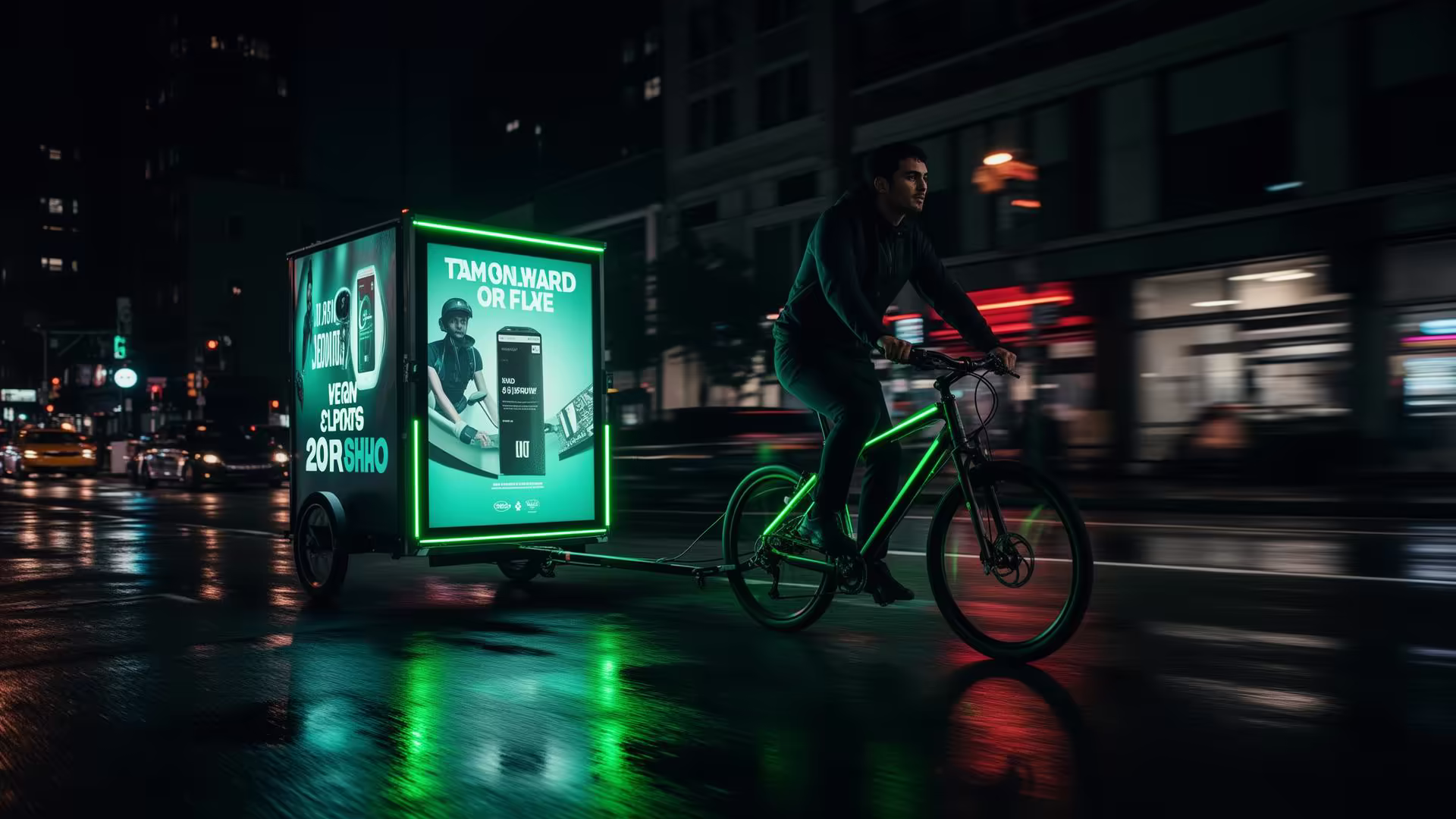 Cyclist riding through the city with an illuminated bici billboard at night